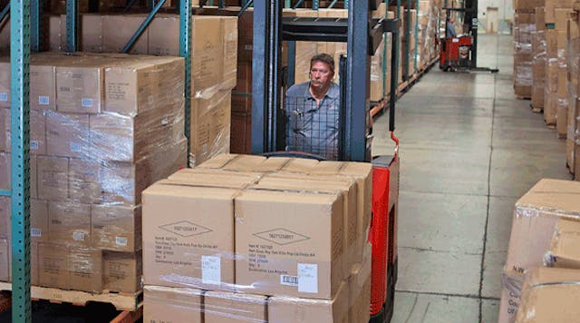 17 Raymond Model 7400 Deep-Reach electric lift trucks work in Pacific Coast&rsquo;s new facility, navigating 10-foot-wide aisles.