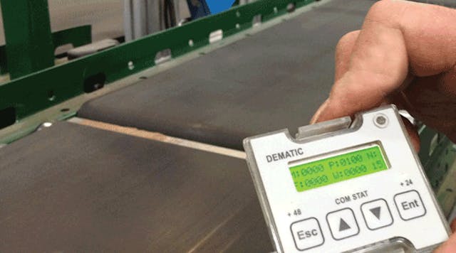 A hand-held plug-in human/machine interface module (Dematic) allows maintenance personnel to change operating parameters or perform diagnostics on local conveyor controls.