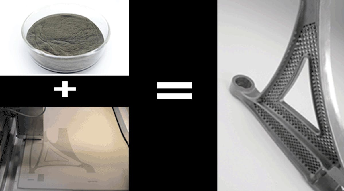 Additive manufacturing fuses layers of simple metal powders into complex 3-dimensional structures. Here, industrial 3-D printer ExOne grows a functional control arm for a supercar from a stainless steel and bronze matrix in about six hours.