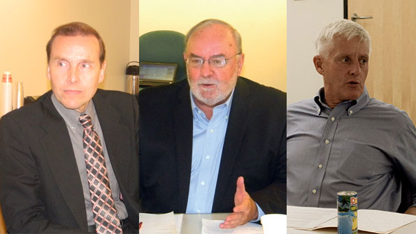 Tom Andel Jim Tompkins and Al Will discuss Global Logistics at the annual MHampL Roundtable