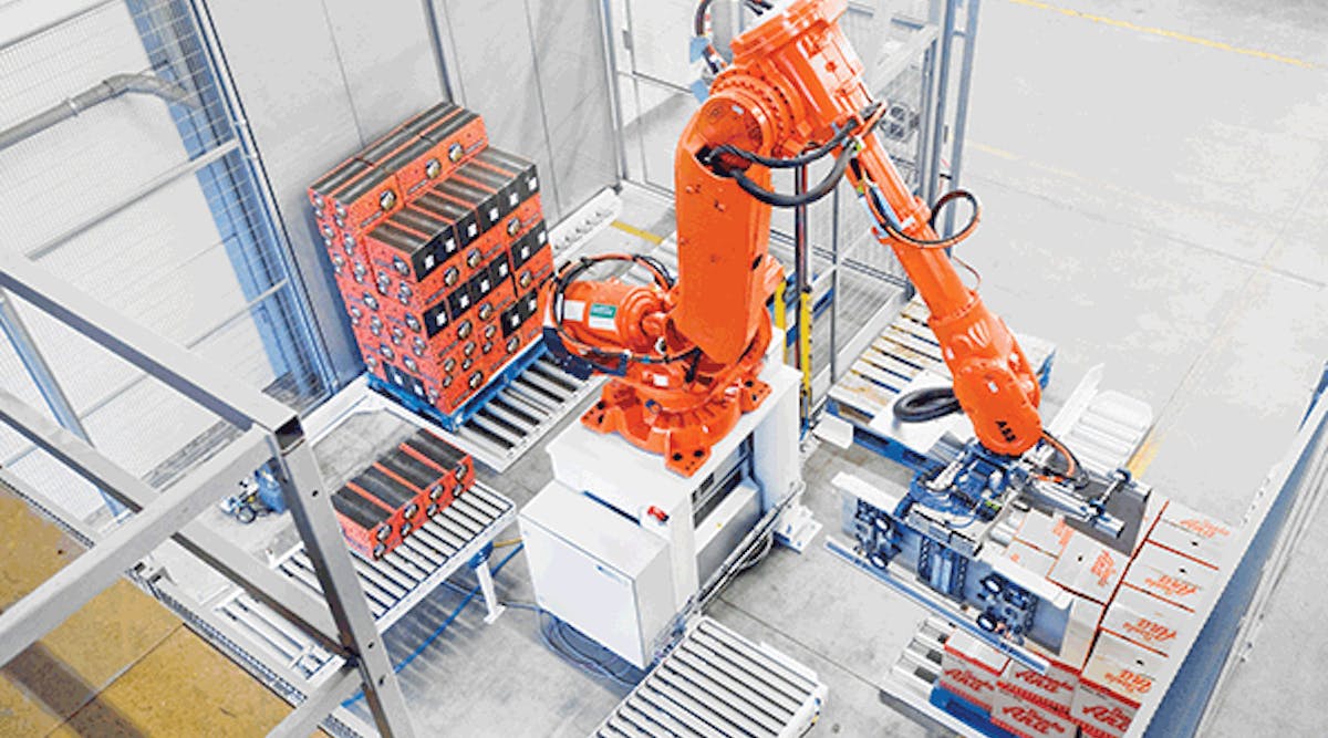 A palletizing robot at a beverage distributor. (Photo provided by ABB.)