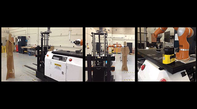NIST mobile manipulator research is testing how accurately a robot accesses part or assembly locations. A human-scale cardboard-cutout placed beside the AGV path is not in the way of the AGV although is detected as in the way of an overhanging manipulator. At right, a manipulator safety sensor (yellow) at the base of the onboard robot arm is what detects obstacles (e.g., humans or equipment) at the side of the AGV. Upon detection of obstacles, the AGV stops via hardware and software interlocks.