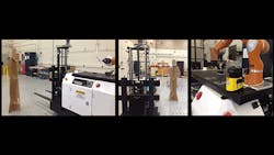 NIST mobile manipulator research is testing how accurately a robot accesses part or assembly locations A humanscale cardboardcutout placed beside the AGV path is not in the way of the AGV although is detected as in the way of an overhanging manipulator At right a manipulator safety sensor yellow at the base of the onboard robot arm is what detects obstacles eg humans or equipment at the side of the AGV Upon detection of obstacles the AGV stops via hardware and software interlocks NIST mobile manipulator research is testing how accurately a robot accesses part or assembly locations A humanscale cardboardcutout placed beside the AGV path is not in the way of the AGV although is detected as in the way of an overhanging manipulator At right a manipulator safety sensor yellow at the base of the onboard robot arm is what detects obstacles eg humans or equipment at the side of the AGV Upon detection of obstacles the AGV stops via hardware and software interlocks