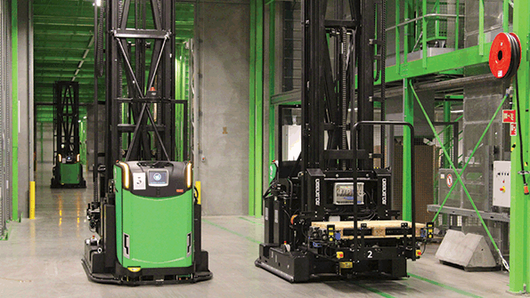 A common warehousing AGV features a fork for lifting palletized loads