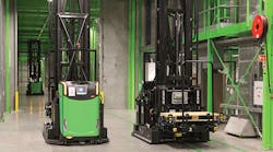 A common warehousing AGV features a fork for lifting palletized loads.