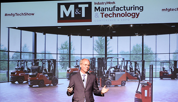 Brett Wood president and CEO Toyota Material Handling North America delivering his keynote address at the 2017 IndustryWeek Manufacturing amp Technology show