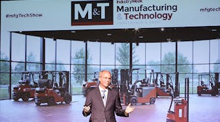 Brett Wood, president and CEO, Toyota Material Handling North America, delivering his keynote address at the 2017 IndustryWeek Manufacturing &amp; Technology show.