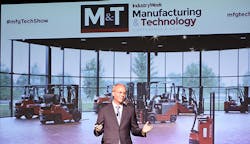 Brett Wood president and CEO Toyota Material Handling North America delivering his keynote address at the 2017 IndustryWeek Manufacturing amp Technology show Brett Wood president and CEO Toyota Material Handling North America delivering his keynote address at the 2017 IndustryWeek Manufacturing amp Technology show