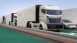 Fleet of autonomous hybrid trucks driving on wireless charging lane. 3D rendering image.