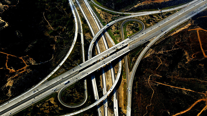 An aerial image of highways in San Diego, California.