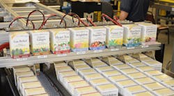 As tea cartons accumulate on the conveyor, they are released into the case-packer infeed conveyor.