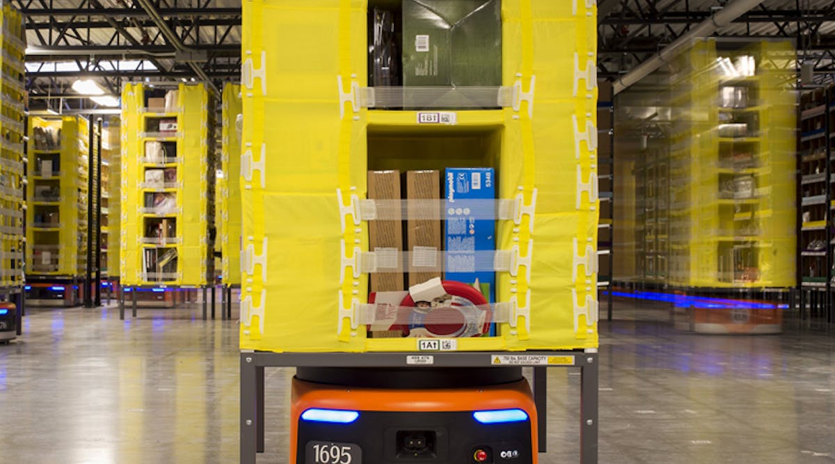 The Kiva Robot is 16 in. tall and weighs 145 kilograms. It is a low-profile moving robot with a max speed of 5 mph and can haul packages weighting up to 137 kilograms.