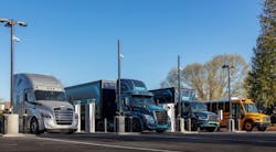 Electric vehicles, including the freightliner eCascadia and eM2 trucks made by DTNA, charge at DTNA and PGE’s Electric Island charging site Electric vehicles, including the freightliner eCascadia and eM2 trucks made by DTNA, charge at DTNA and PGE’s Electric Island charging site