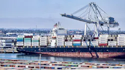 Large cargo ship with shipping containers in the Port of Los Angeles in Long Beach, Calif.