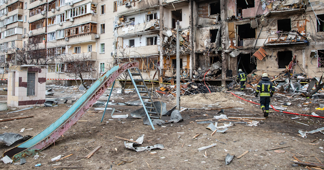 A residential building damaged by an enemy aircraft in the Ukrainian capital Kyiv. Feb. 25, 2022)