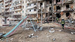 A residential building damaged by an enemy aircraft in the Ukrainian capital Kyiv. Feb. 25, 2022)