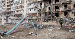 A residential building damaged by an enemy aircraft in the Ukrainian capital Kyiv. Feb. 25, 2022) A residential building damaged by an enemy aircraft in the Ukrainian capital Kyiv. Feb. 25, 2022)